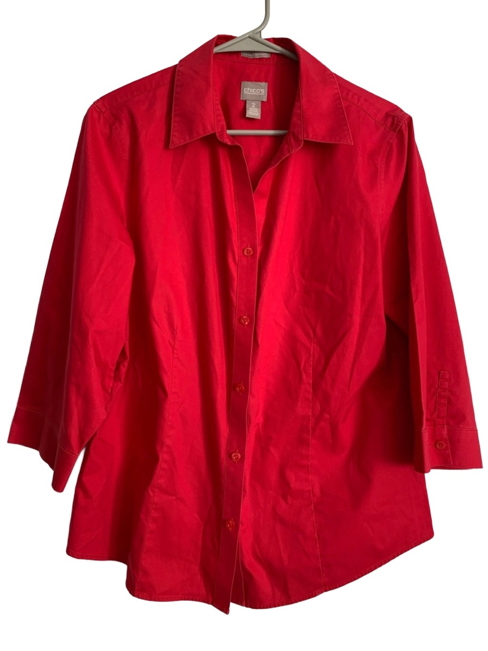 CHICO’S Women’s Red Sateen Button Up 3/4 Sleeve Cotton Blouse